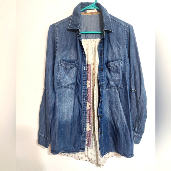 COCO & Jameson Long Denim  Button Shirt DECORATIVE fabric Back SMALL CHAMBRAY - Picture 2 of 3